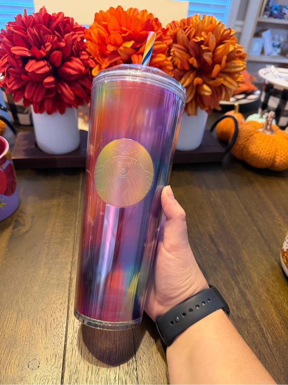 Starbucks Iridescent Pink Purple Blue Travel Tumbler with Straw